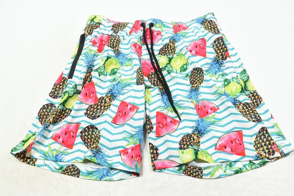 YoungLA Swim Trunks Mens XL White Blue Pineapples Mesh Lined 7" Beach